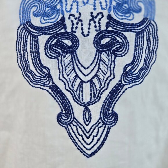 Symple NYC White Linen Tunic Blouse Ombre Blue Embroidery Roll Tab Sleeves - Picture 3 of 15